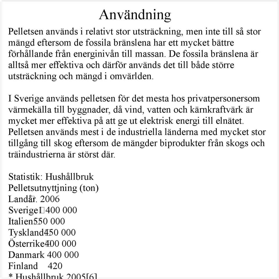 I Sverige används pelletsen för det mesta hos privatpersonersom värmekälla till byggnader, då vind, vatten och kärnkraftvärk är mycket mer effektiva på att ge ut elektrisk energi till elnätet.