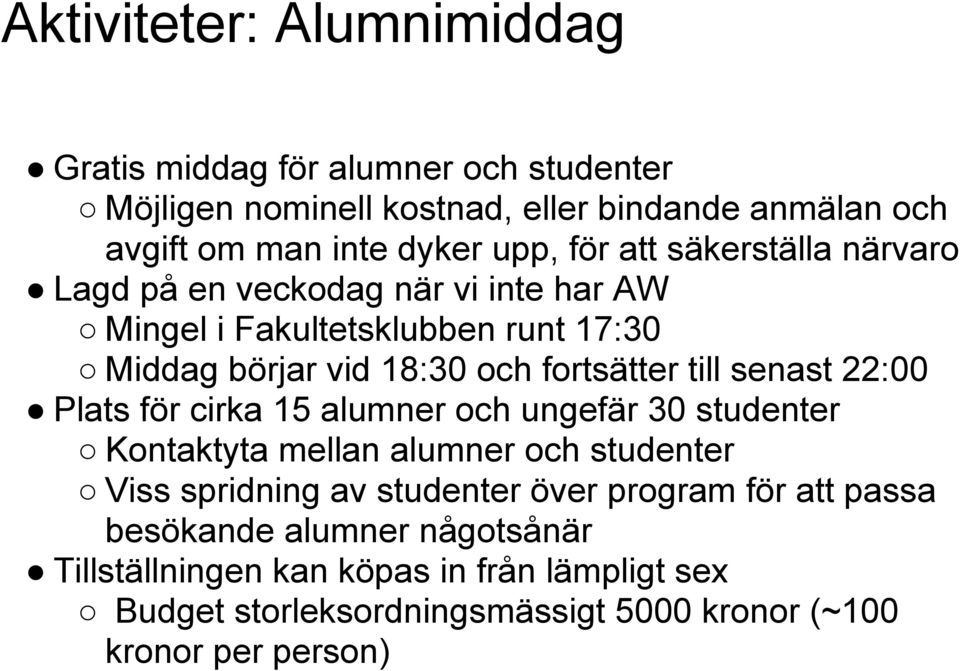 senast 22:00 Plats för cirka 15 alumner och ungefär 30 studenter Kontaktyta mellan alumner och studenter Viss spridning av studenter över program för