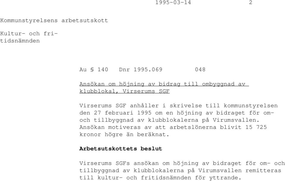 kommunstyrelsen den 27 februari 1995 om en höjning av bidraget för omoch tillbyggnad av klubblokalerna på Virumsvallen.