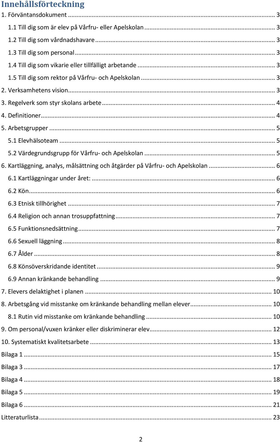 1 Elevhälsoteam... 5 5.2 Värdegrundsgrupp för Vårfru- och Apelskolan... 5 6. Kartläggning, analys, målsättning och åtgärder på Vårfru- och Apelskolan... 6 6.1 Kartläggningar under året:... 6 6.2 Kön.