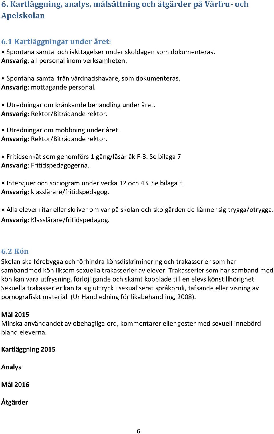 Ansvarig: Rektor/Biträdande. Utredningar om mobbning under året. Ansvarig: Rektor/Biträdande. Fritidsenkät som genomförs 1 gång/läsår åk F-3. Se bilaga 7 Ansvarig: Fritidspedagogerna.
