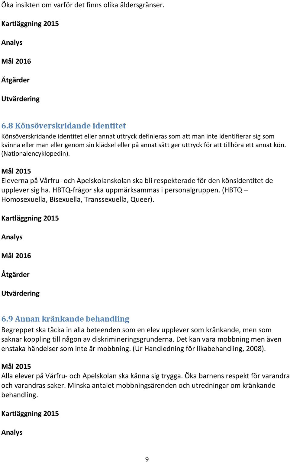 för att tillhöra ett annat kön. (Nationalencyklopedin). Mål 2015 Eleverna på Vårfru- och Apelskolanskolan ska bli respekterade för den könsidentitet de upplever sig ha.