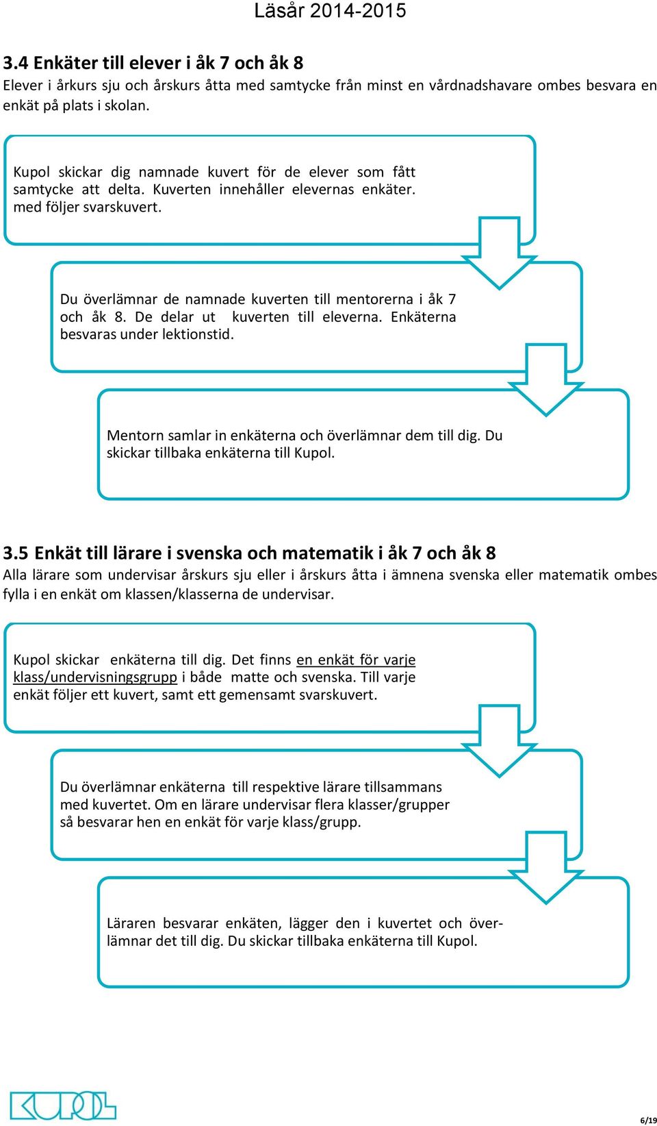 Du överlämnar de namnade kuverten till mentorerna i åk 7 och åk 8. De delar ut kuverten till eleverna. Enkäterna besvaras under lektionstid. Mentorn samlar in enkäterna och överlämnar dem till dig.