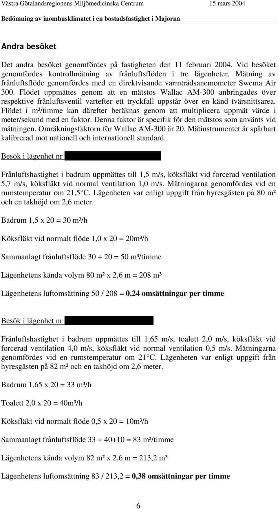 Flödet uppmättes genom att en mätstos Wallac AM-300 anbringades över respektive frånluftsventil vartefter ett tryckfall uppstår över en känd tvärsnittsarea.