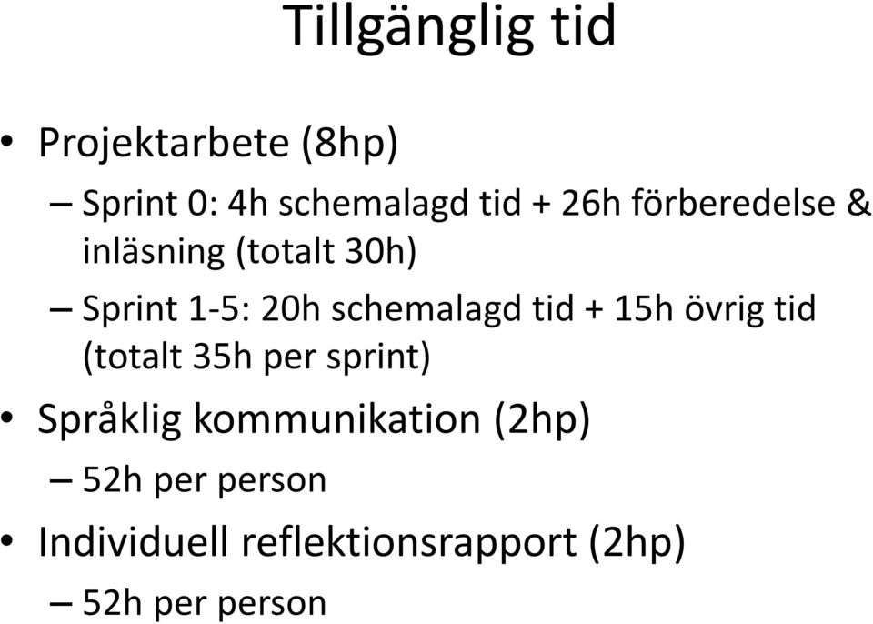 tid + 15h övrig tid (totalt 35h per sprint) Språklig kommunikation