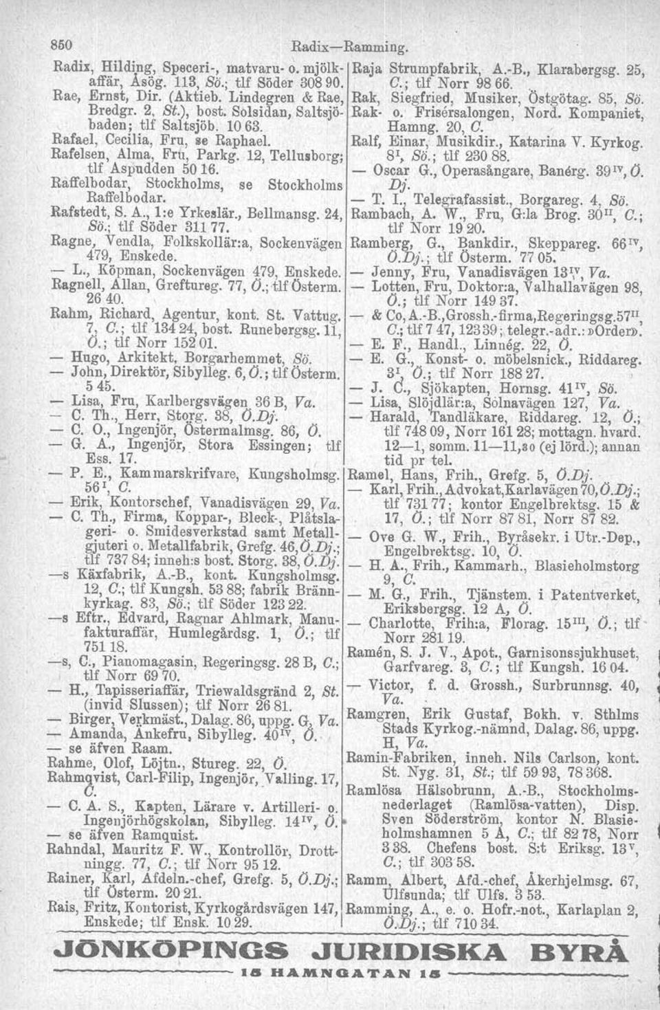 . Rafael, Cecilia, Fru, le Raphael. Ralf, Einar, Musikdir., Katarina V. Kyrkog. Rafelsen, Alma, Fru, Parkg.12, 'I'ellusborg, 81, Sö.; tlf 23088. tlf Aspudden 5016. Oscar G.