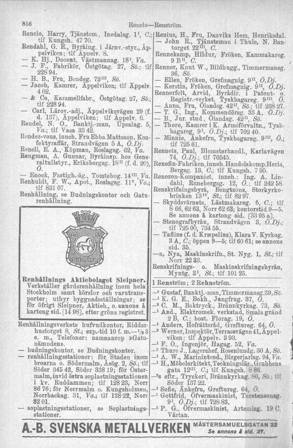 , Bildhugg., Timmermansg. 228 94. 36, ss. H. B., Fru, Bondeg. 72III, Sö. Ellen, Fröken, Grefmagnig. 9Il" O.pj. Jacob, Kamrer, Appelviken; tlf..appelv. Kerstin, Fröken, Grefmagnig. 9 Il, O.Dj. 402.