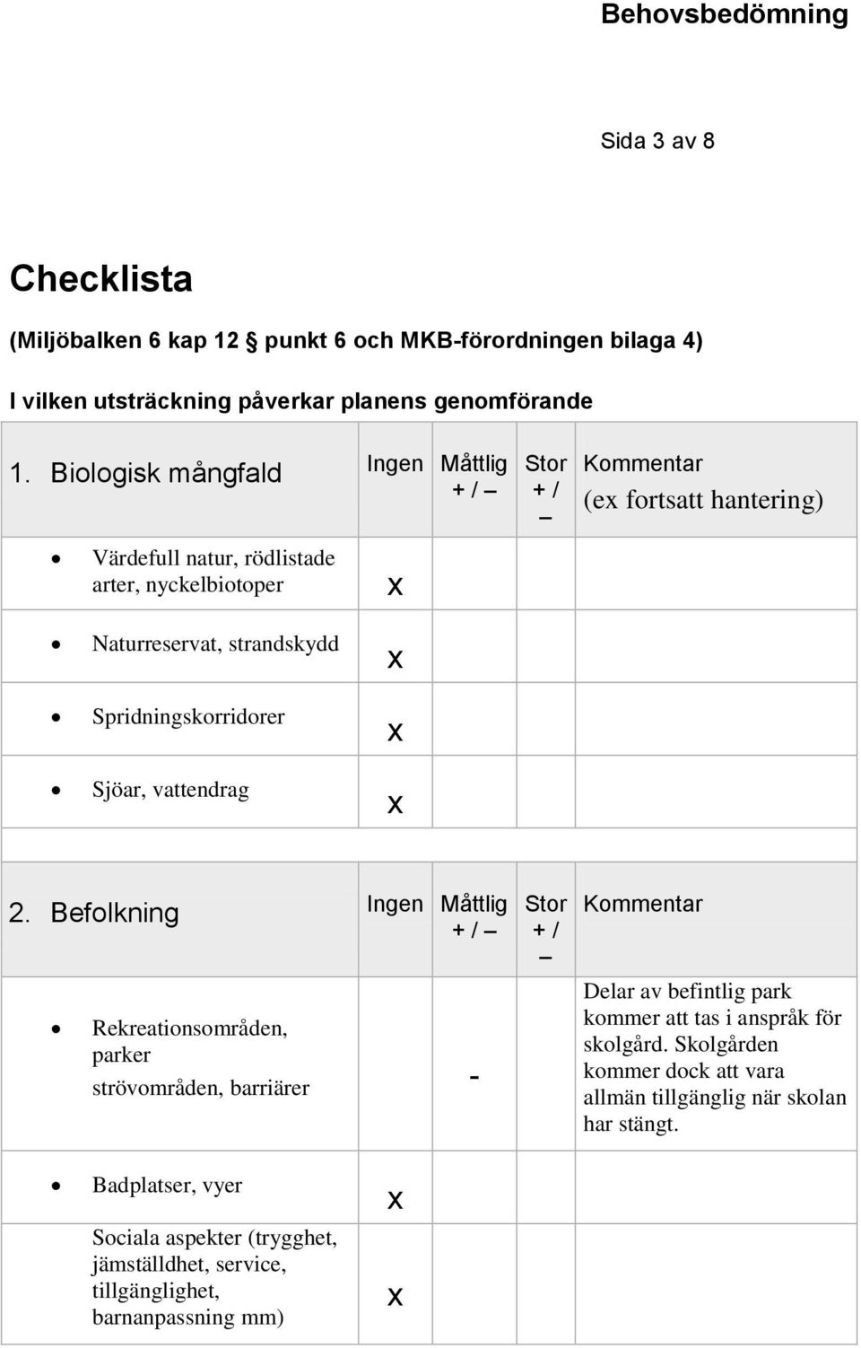 vattendrag 2. Befolkning Rekreationsområden, parker strövområden, barriärer Delar av befintlig park kommer att tas i anspråk för skolgård.