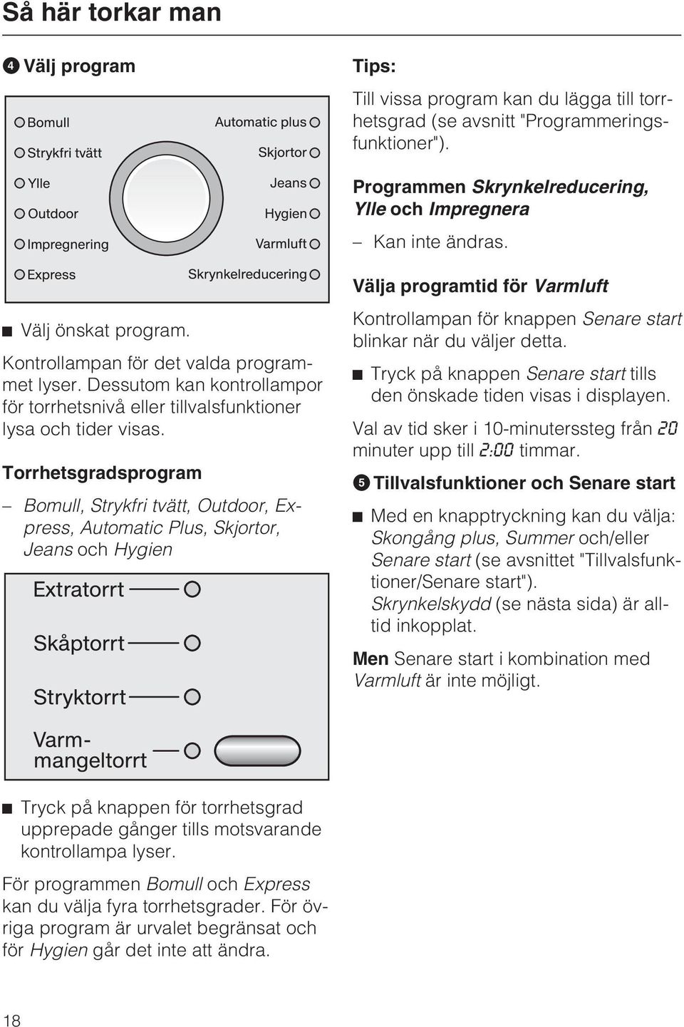 Torrhetsgradsprogram Bomull, Strykfri tvätt, Outdoor, Express, Automatic Plus, Skjortor, Jeans och Hygien Välja programtid för Varmluft Kontrollampan för knappen Senare start blinkar när du väljer