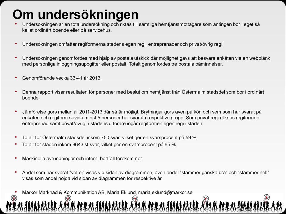 Undersökningen genomfördes med hjälp av postala utskick där möjlighet gavs att besvara enkäten via en webblänk med personliga inloggningsuppgifter eller postalt.