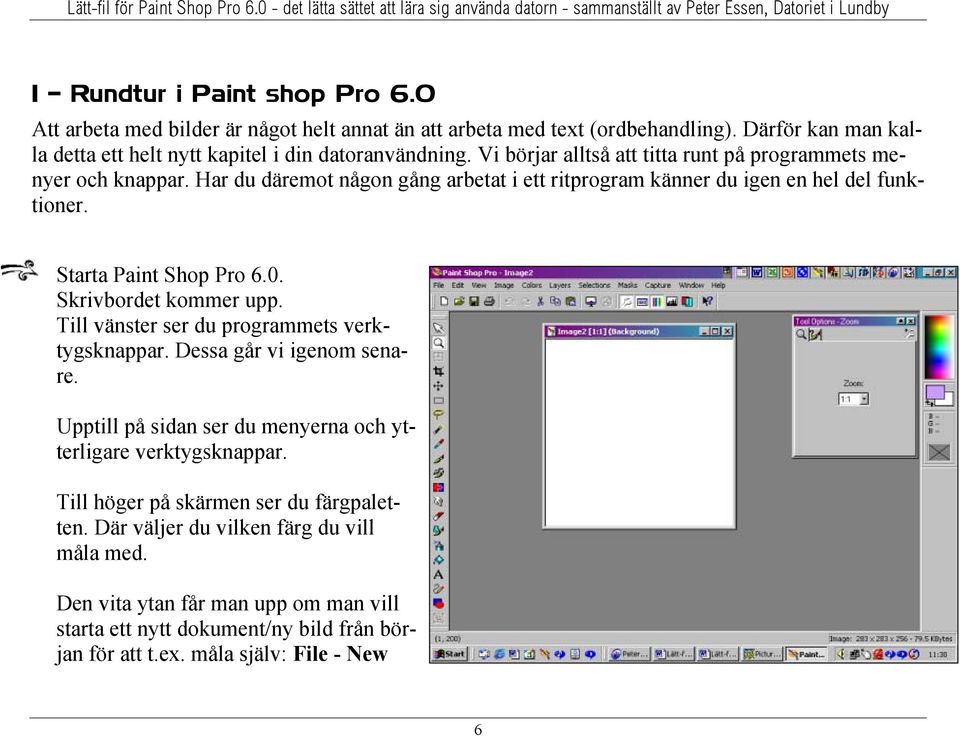 Har du däremot någon gång arbetat i ett ritprogram känner du igen en hel del funk- tioner. Starta Paint Shop Pro 6.0. Skrivbordet kommer upp.