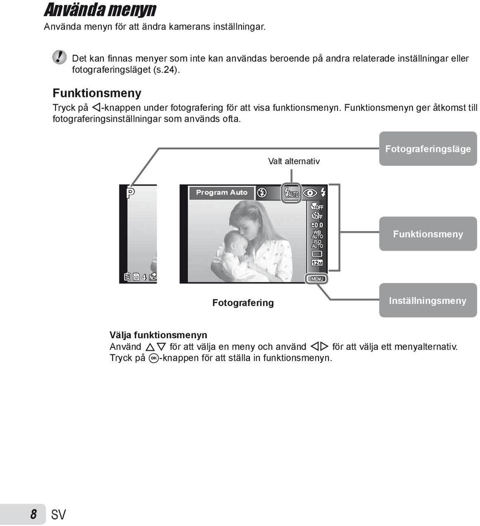 Funktionsmeny Tryck på H-knappen under fotografering för att visa funktionsmenyn. Funktionsmenyn ger åtkomst till fotograferingsinställningar som används ofta.
