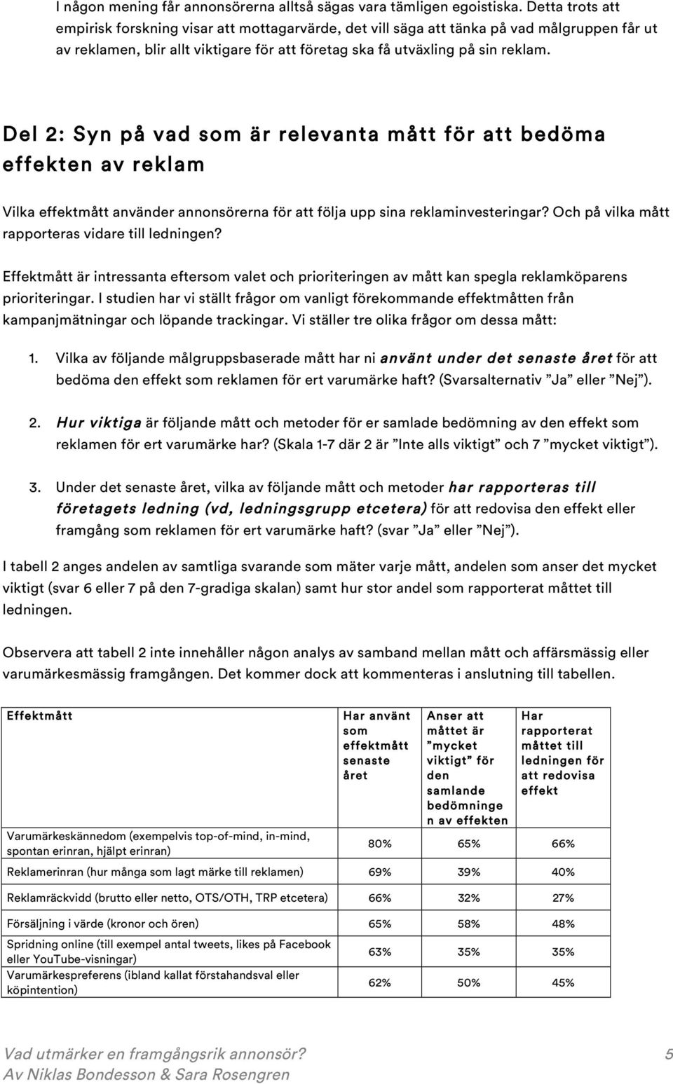 Del 2: Syn på vad som är relevanta mått för att bedöma effekten av reklam Vilka effektmått använder annonsörerna för att följa upp sina reklaminvesteringar?