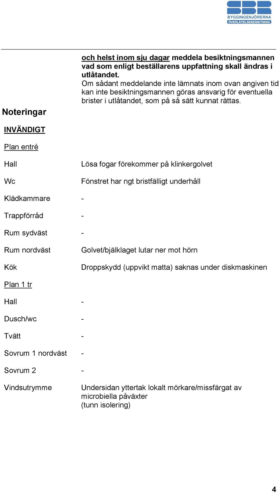 INVÄNDIGT Plan entré Hall Wc Klädkammare Trappförråd Rum sydväst Rum nordväst Kök Lösa fogar förekommer på klinkergolvet Fönstret har ngt bristfälligt underhåll