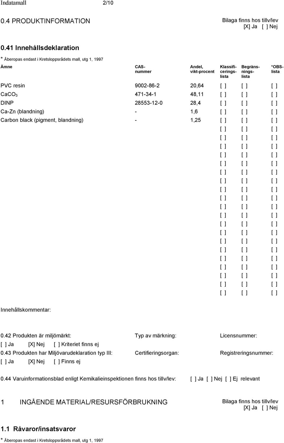 48,11 DINP 28553-12-0 28,4 Ca-Zn (blandning) - 1,6 Carbon black (pigment, blandning) - 1,25 *OBSlista Innehållskommentar: 0.