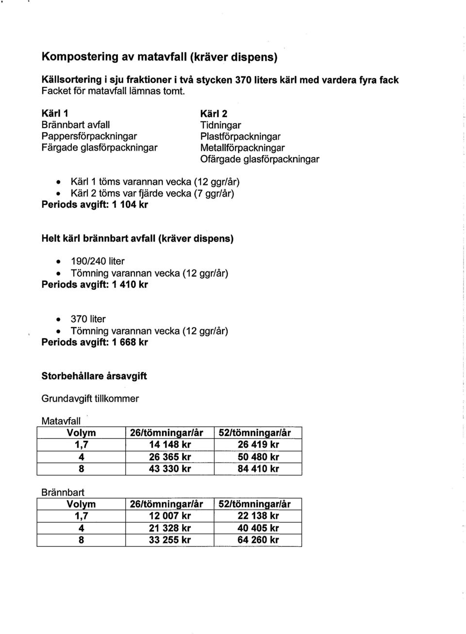 2 töms var fjärde vecka (7 ggr/år) Periods avgift: 1 104 kr Helt kärl brännbart avfall (kräver dispens) Periods avgift: 1 410 kr Periods avgift: 1 668 kr Storbehållare årsavgift Grundavgift