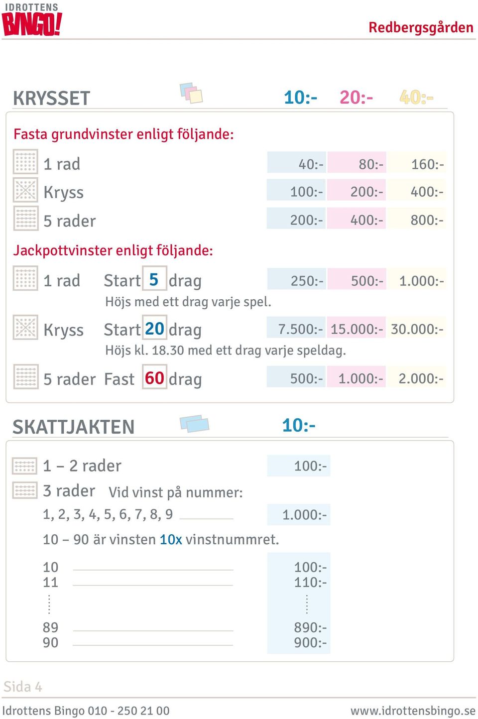 30 med ett drag varje speldag. 5 rader Fast 60 drag 500:- 1.000:- 2.