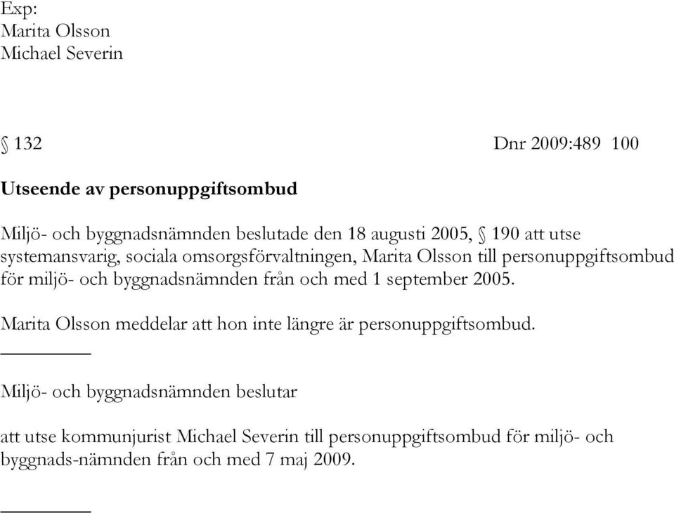 byggnadsnämnden från och med 1 september 2005. Marita Olsson meddelar att hon inte längre är personuppgiftsombud.