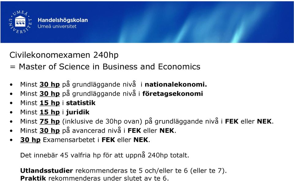 på grundläggande nivå i FEK eller NEK. Minst 30 hp på avancerad nivå i FEK eller NEK. 30 hp Examensarbetet i FEK eller NEK.