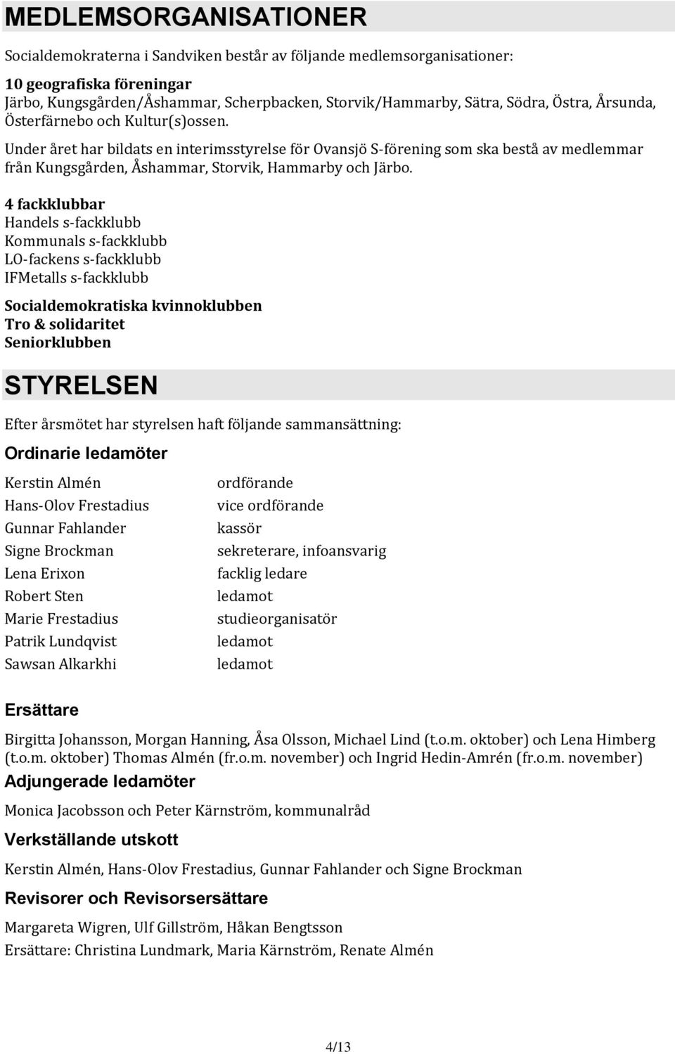 4 fackklubbar Handels s-fackklubb Kommunals s-fackklubb LO-fackens s-fackklubb IFMetalls s-fackklubb Socialdemokratiska kvinnoklubben Tro & solidaritet Seniorklubben 3BSTYRELSEN Efter årsmötet har