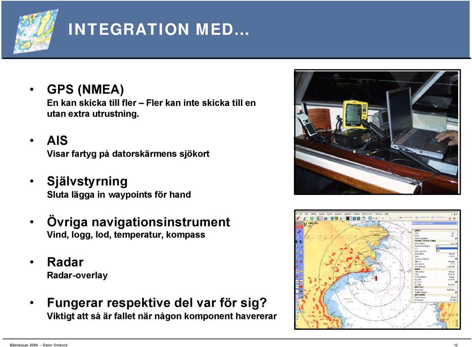 AIS Visar fartyg på datorskärmens sjökort Självstyrning Sluta lägga in waypoints för hand Övriga