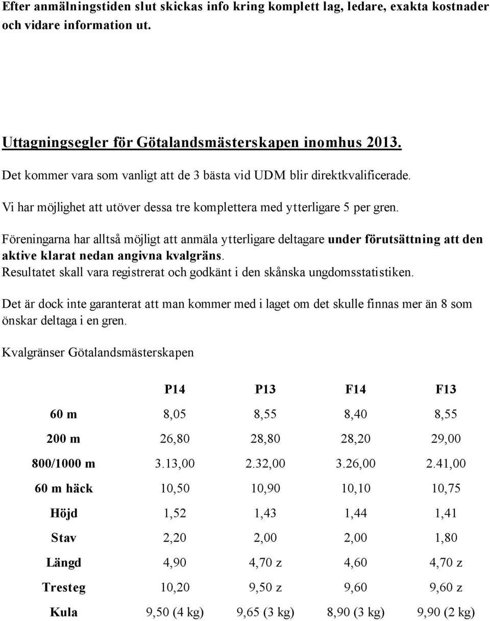 Föreningarna har alltså möjligt att anmäla ytterligare deltagare under förutsättning att den aktive klarat nedan angivna kvalgräns.