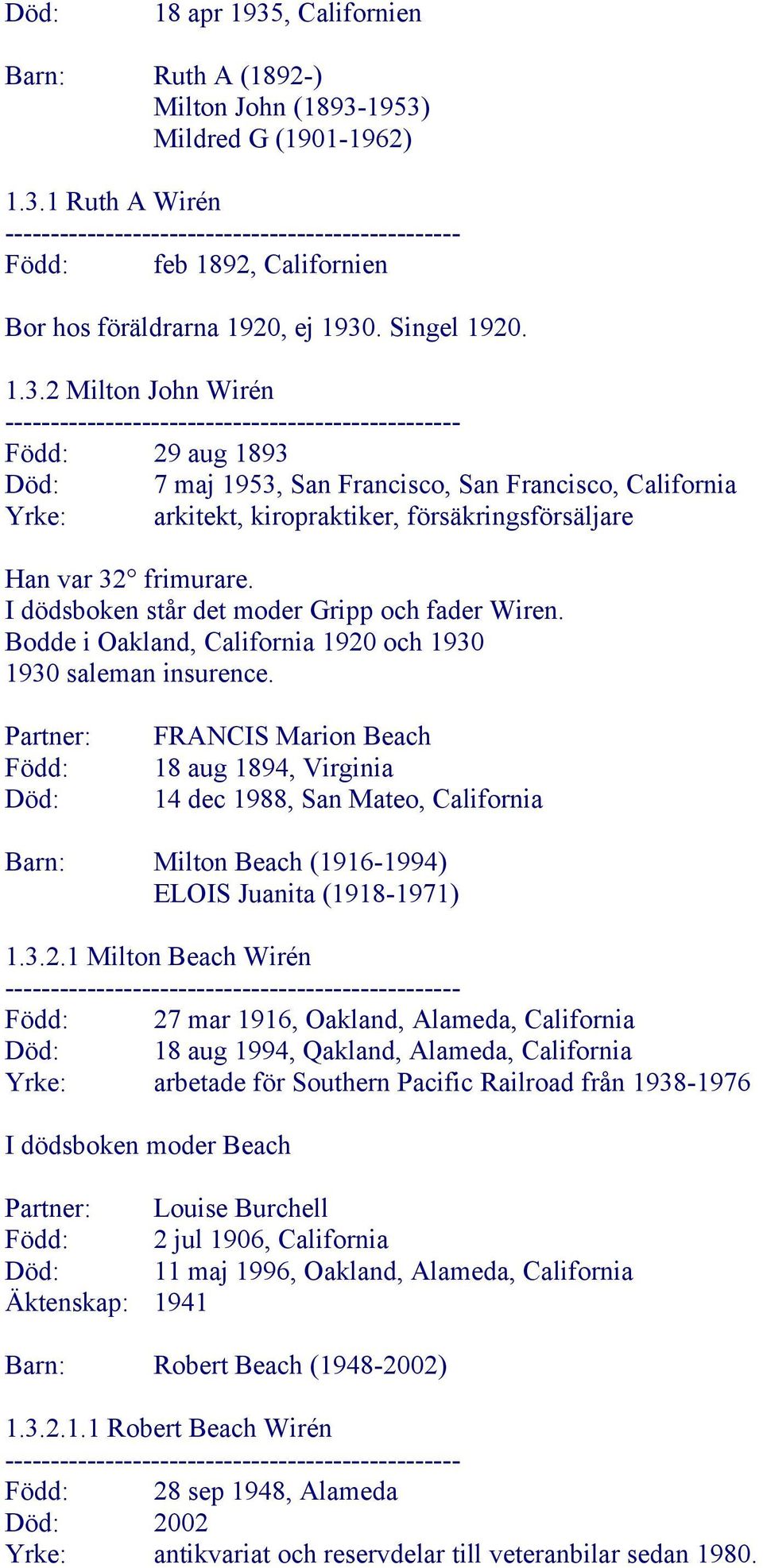 Partner: Född: Död: FRANCIS Marion Beach 18 aug 1894, Virginia 14 dec 1988, San Mateo, California Barn: Milton Beach (1916-1994) ELOIS Juanita (1918-1971) 1.3.2.