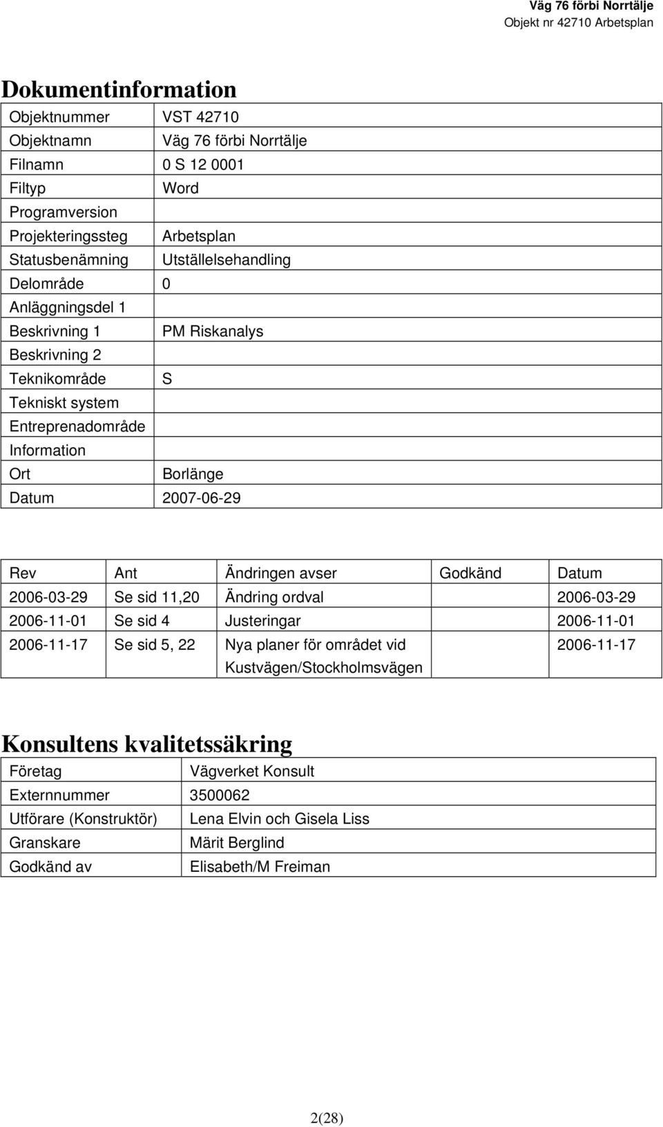 Godkänd Datum 2006-03-29 Se sid 11,20 Ändring ordval 2006-03-29 2006-11-01 Se sid 4 Justeringar 2006-11-01 2006-11-17 Se sid 5, 22 Nya planer för området vid Kustvägen/Stockholmsvägen
