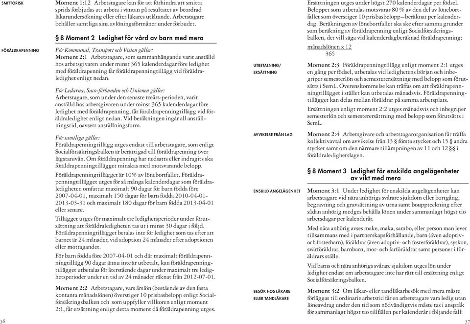 8 Moment 2 Ledighet för vård av barn med mera För Kommunal, Transport och Vision gäller: Moment 2:1 Arbetstagare, som sammanhängande varit anställd hos arbetsgivaren under minst 365 kalenderdagar