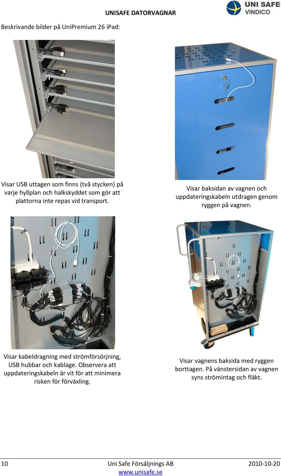 Visar baksidan av vagnen och uppdateringskabeln utdragen genom ryggen på vagnen.