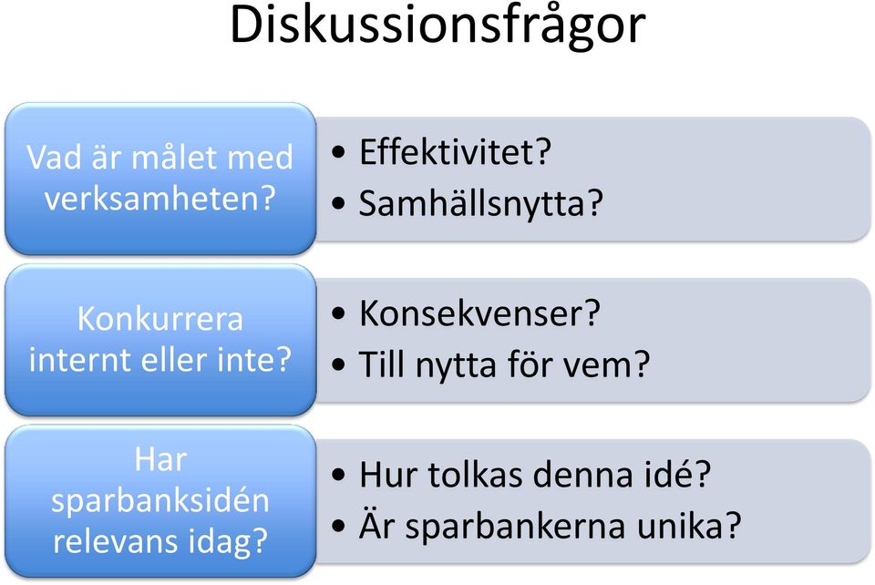 Har sparbanksidén relevans idag? Effektivitet?