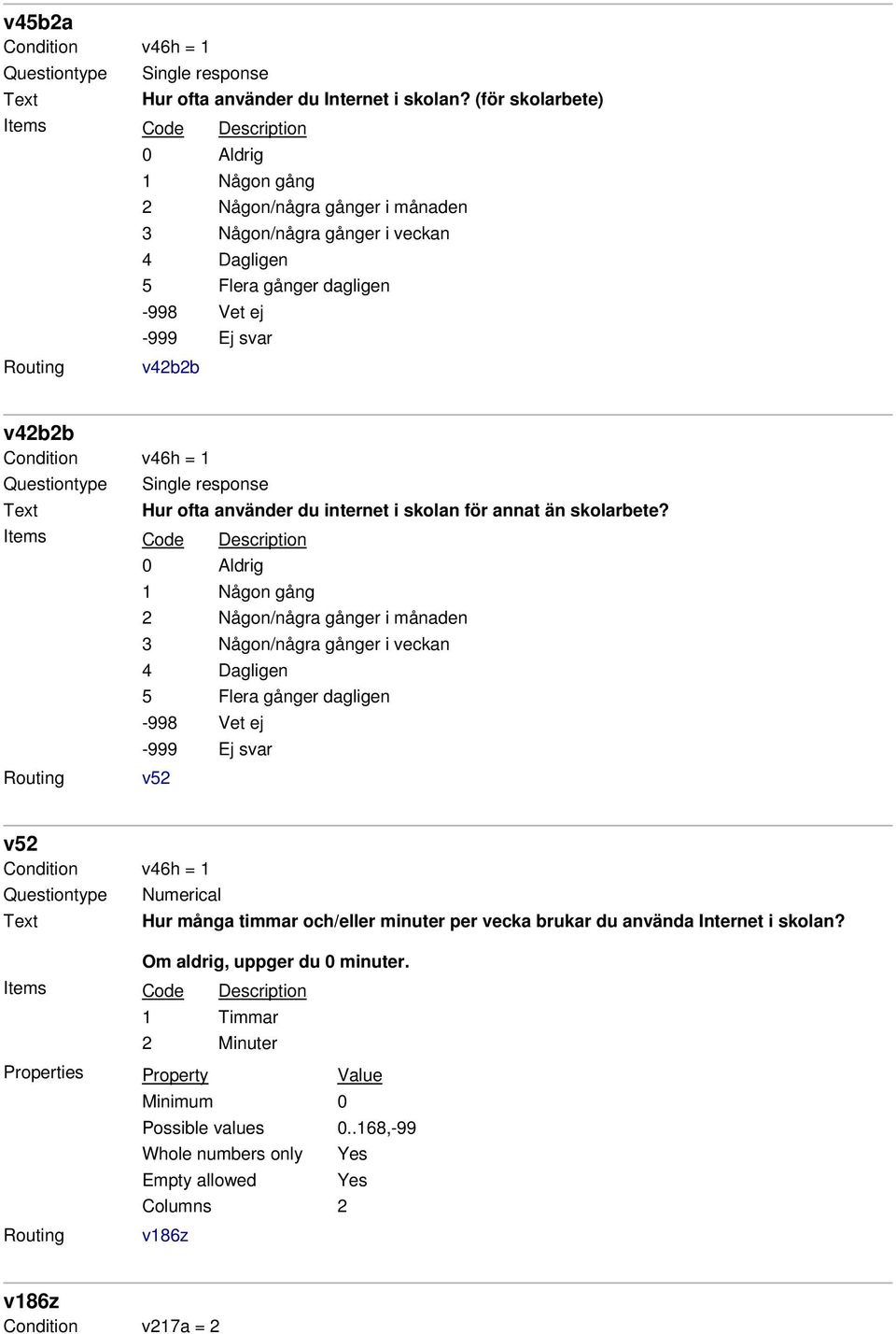 v52 v52 Condition v46h = 1 Numerical Hur många timmar och/eller minuter per vecka brukar du använda Internet i skolan?