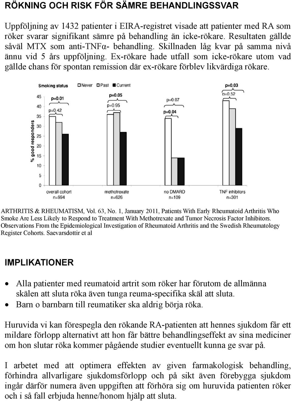 Ex-rökare hade utfall som icke-rökare utom vad gällde chans för spontan remission där ex-rökare förblev likvärdiga rökare. ARTHRITIS & RHEUMATISM, Vol. 63, No.
