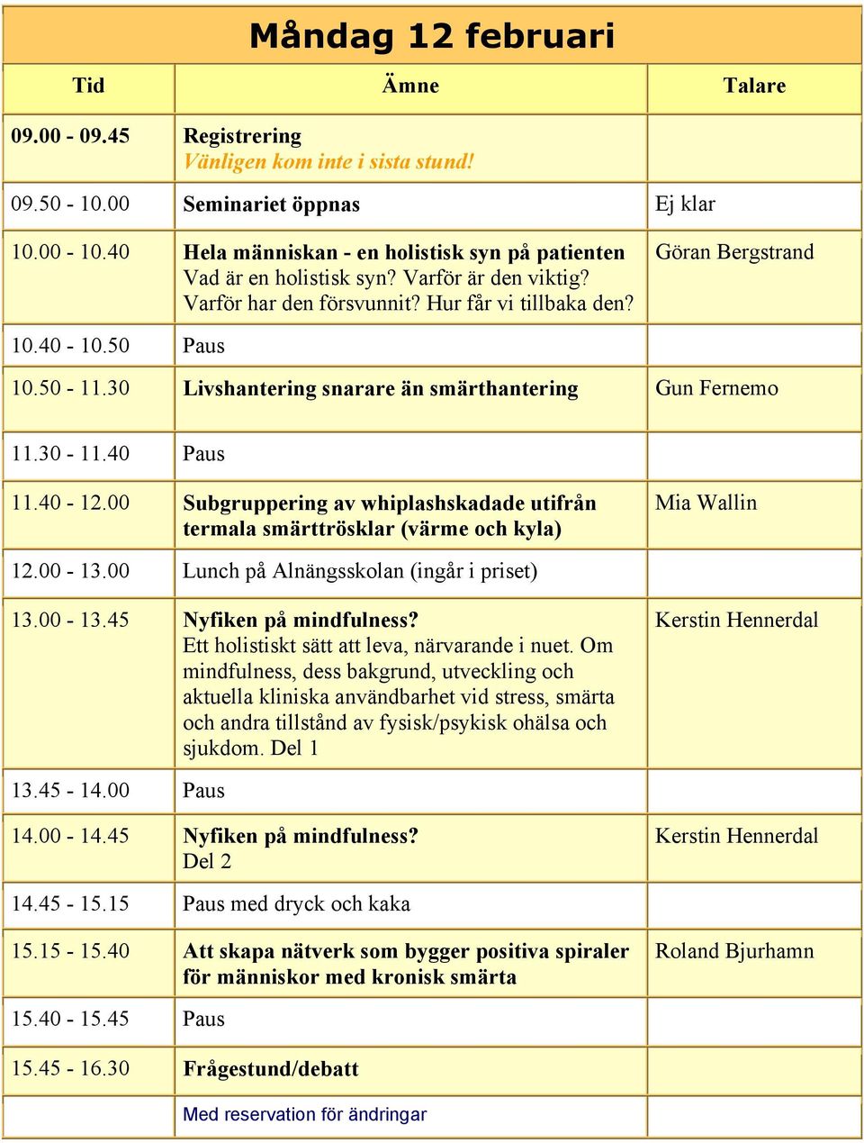 30 Livshantering snarare än smärthantering Gun Fernemo 11.30-11.40 Paus 11.40-12.00 Subgruppering av whiplashskadade utifrån termala smärttrösklar (värme och kyla) Mia Wallin 12.00-13.