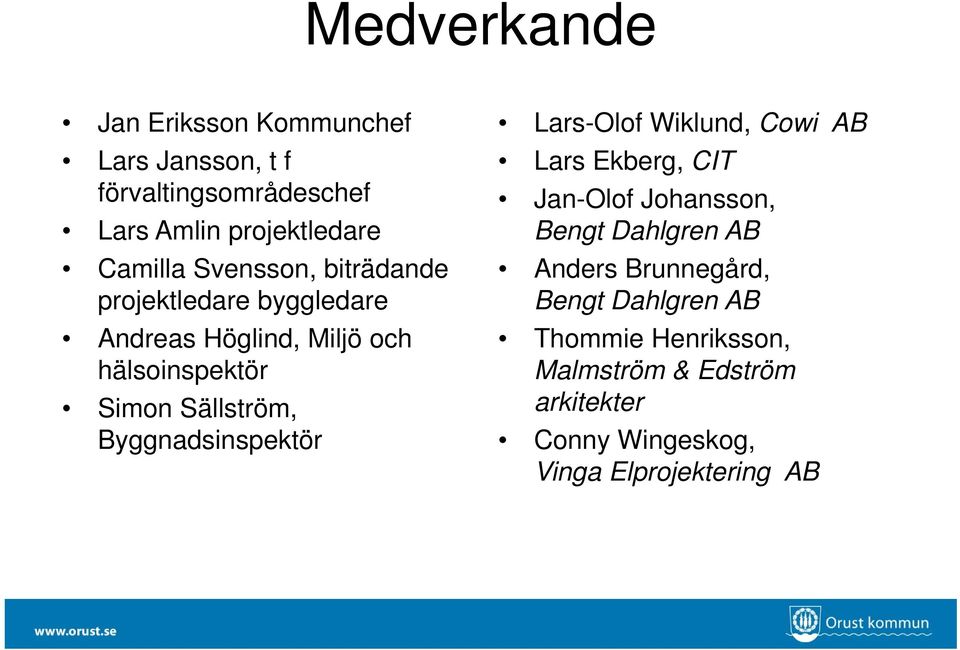 Byggnadsinspektör Lars-Olof Wiklund, Cowi AB Lars Ekberg, CIT Jan-Olof Johansson, Bengt Dahlgren AB Anders