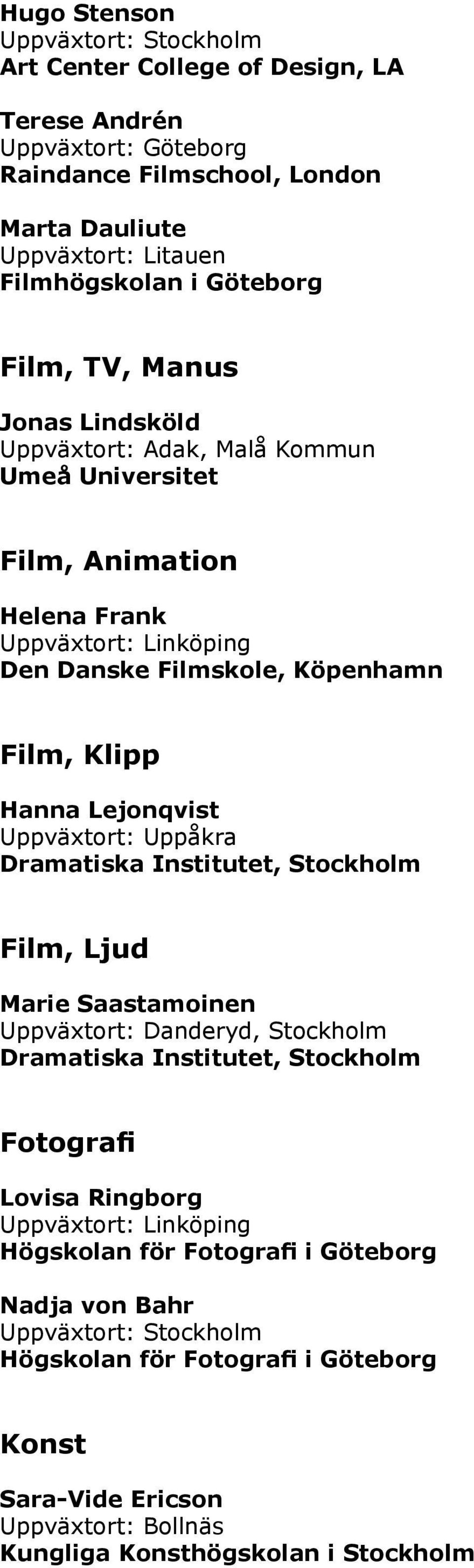 Köpenhamn Film, Klipp Hanna Lejonqvist Uppväxtort: Uppåkra Film, Ljud Marie Saastamoinen Uppväxtort: Danderyd, Stockholm Fotografi Lovisa Ringborg Uppväxtort: