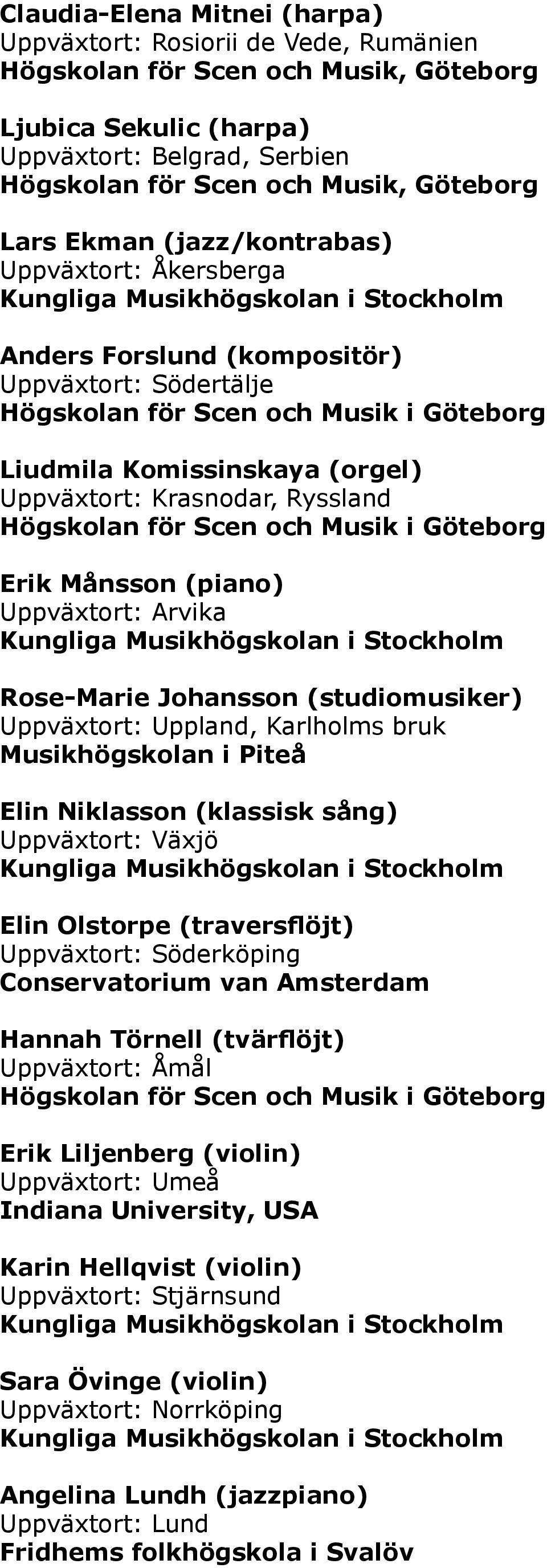 Arvika Rose-Marie Johansson (studiomusiker) Uppväxtort: Uppland, Karlholms bruk Musikhögskolan i Piteå Elin Niklasson (klassisk sång) Uppväxtort: Växjö Elin Olstorpe (traversflöjt) Uppväxtort: