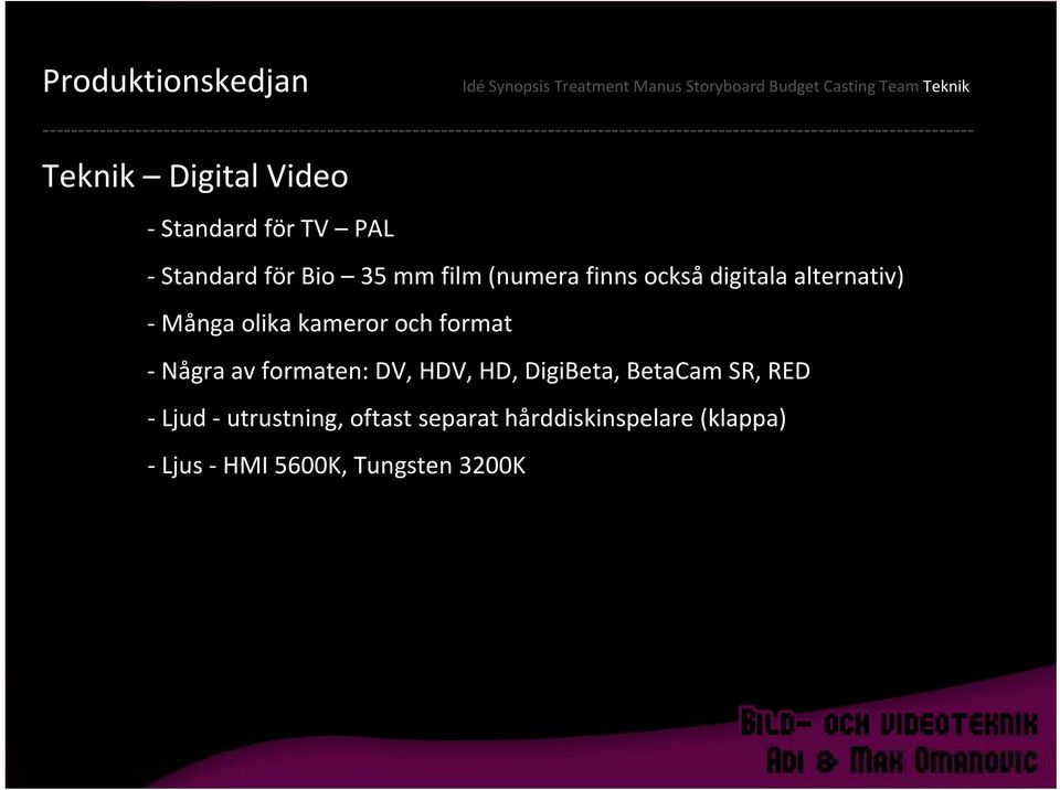 Några av formaten: DV, HDV, HD, DigiBeta, BetaCam SR, RED Ljud