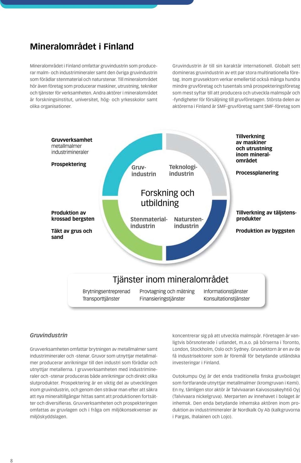 Andra aktörer i mineralområdet är forskningsinstitut, universitet, hög- och yrkesskolor samt olika organisationer. Gruvindustrin är till sin karaktär internationell.