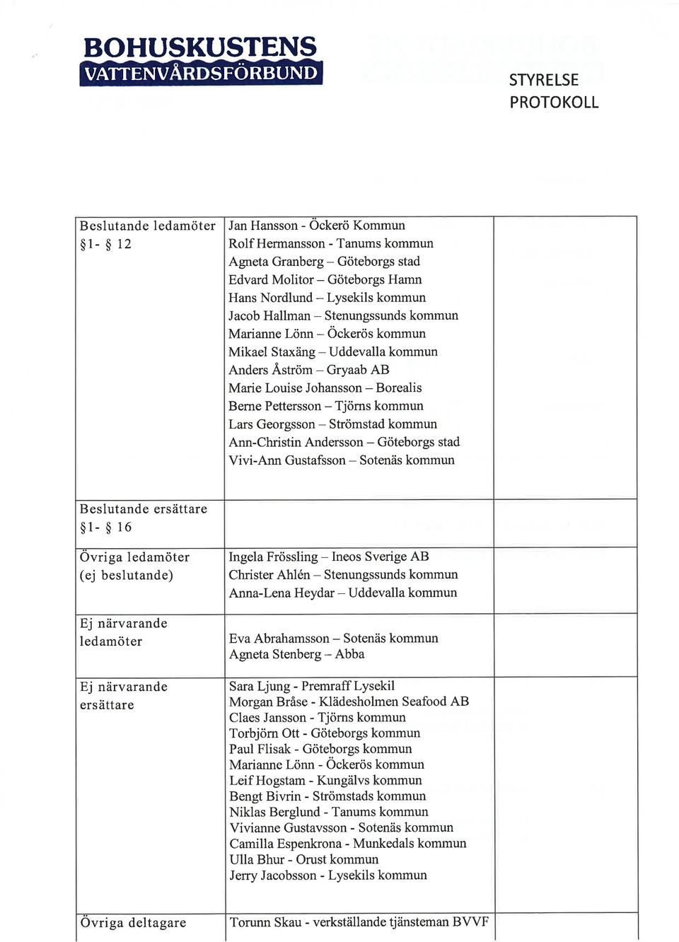 ström - Gryaab AB Marie Louise Johansson - Borealis Berne Pettersson - 1-örns kommun Lars Georgsson - Strömstad kommun Ann-Christin Andersson - Göteborgs stad Vivi-Ann Gustafsson - Sotenäs kommun