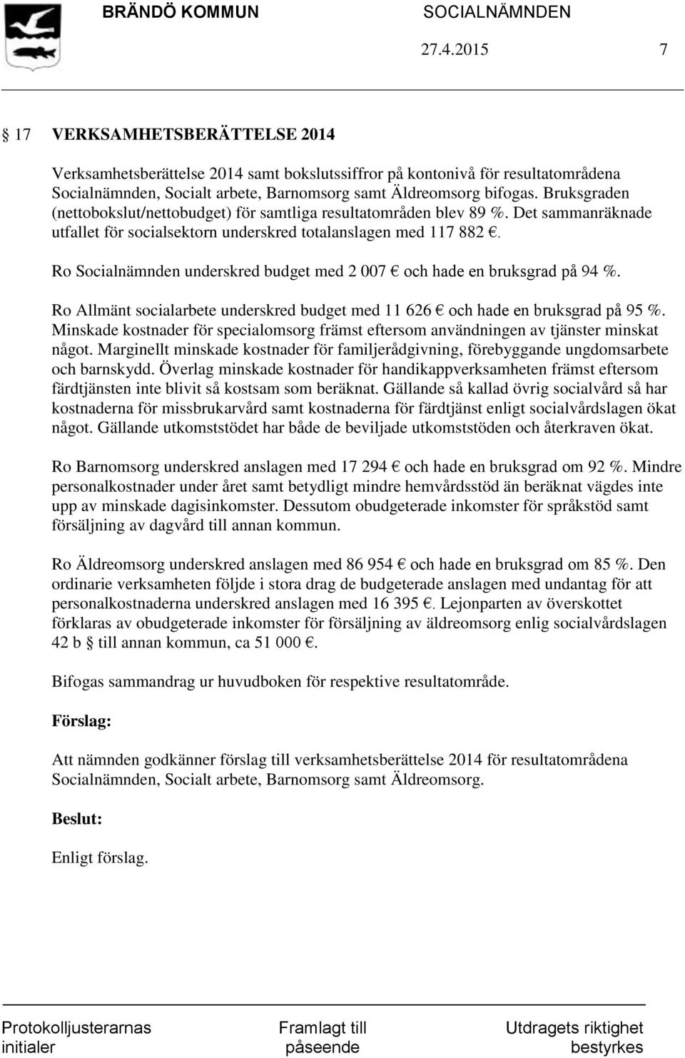 Ro Socialnämnden underskred budget med 2 007 och hade en bruksgrad på 94 %. Ro Allmänt socialarbete underskred budget med 11 626 och hade en bruksgrad på 95 %.