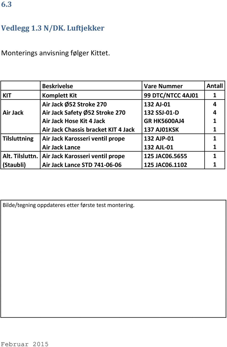 132 SSJ-01-D 4 Air Jack Hose Kit 4 Jack GR HK5600AJ4 1 Air Jack Chassis bracket KIT 4 Jack 137 AJ01KSK 1 Tilsluttning Air Jack Karosseri ventil