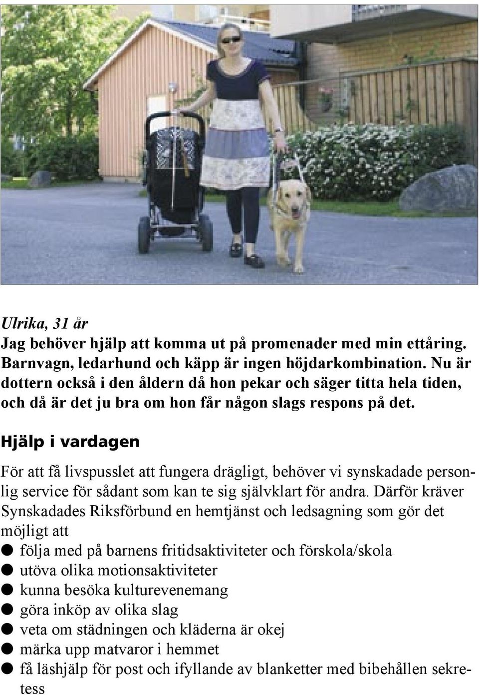 Hjälp i vardagen För att få livspusslet att fungera drägligt, behöver vi synskadade personlig service för sådant som kan te sig självklart för andra.
