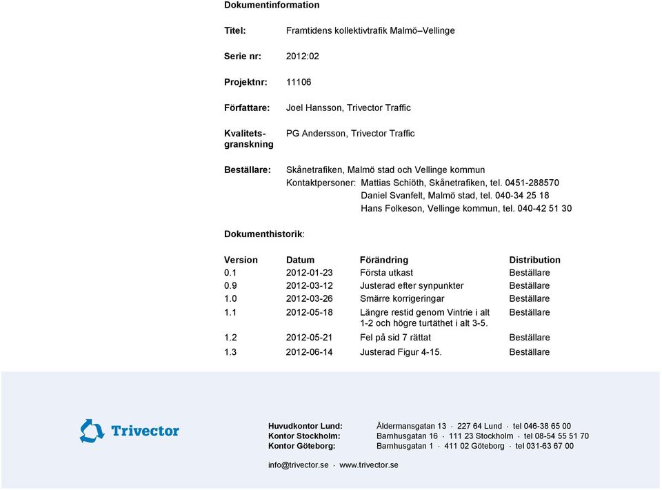 040-42 51 30 Dokumenthistorik: Version Datum Förändring Distribution 0.1 2012-01-23 Första utkast Beställare 0.9 2012-03-12 Justerad efter synpunkter Beställare 1.
