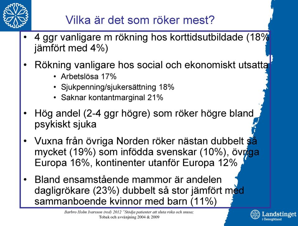 18% Saknar kontantmarginal 21% Hög andel (2-4 ggr högre) som röker högre bland psykiskt sjuka Vuxna från övriga Norden röker nästan dubbelt så mycket (19%) som