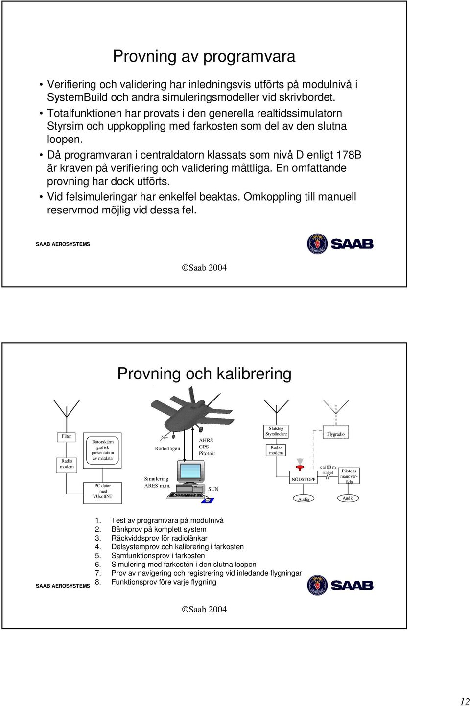 Då programvaran i centraldatorn klassats som nivå D enligt 178B är kraven på verifiering och validering måttliga. En omfattande provning har dock utförts. Vid felsimuleringar har enkelfel beaktas.