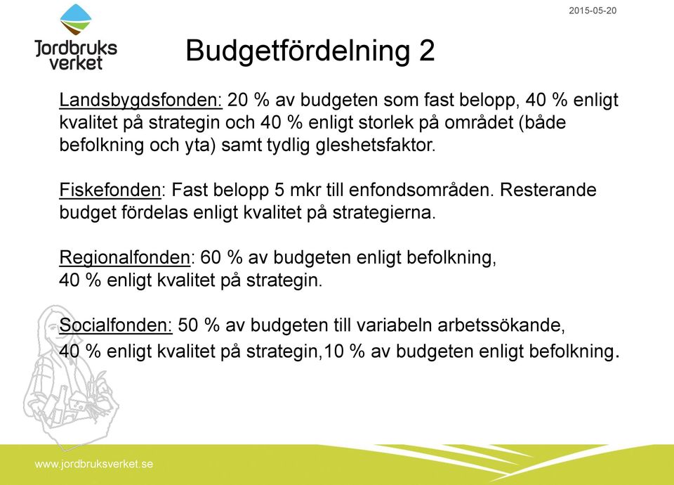 Resterande budget fördelas enligt kvalitet på strategierna.
