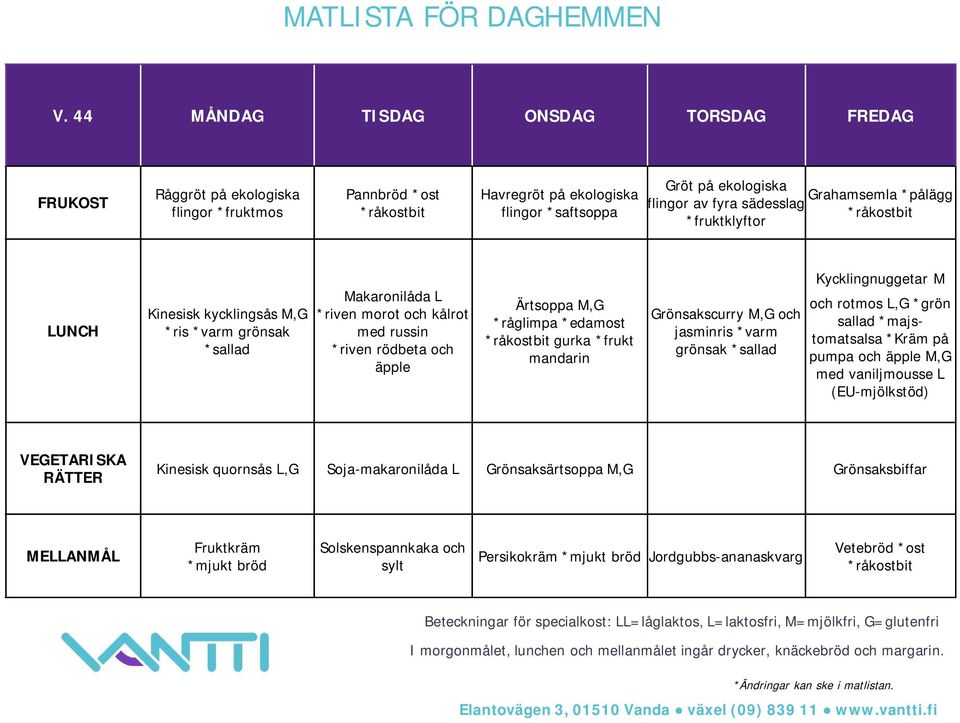 Grönsakscurry M,G och jasminris *varm grönsak Kycklingnuggetar M och rotmos L,G *grön sallad *majstomatsalsa *Kräm på pumpa och äpple M,G med vaniljmousse L (EU-mjölkstöd)