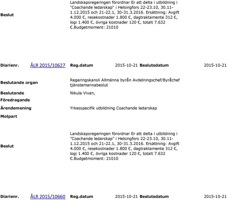 datum 2015-10-21 sdatum 2015-10-21 organ Regeringskansli Allmänna byrån Avdelningschef/Byråchef Nikula Vivan, Yrkesspecifik utbildning Coachande ledarskap Landskapsregeringen förordnar Er att delta i