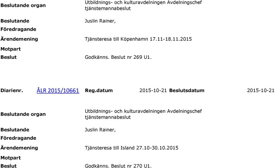 datum 2015-10-21 sdatum 2015-10-21  till Island 27.10-30.10.2015 Godkänns.